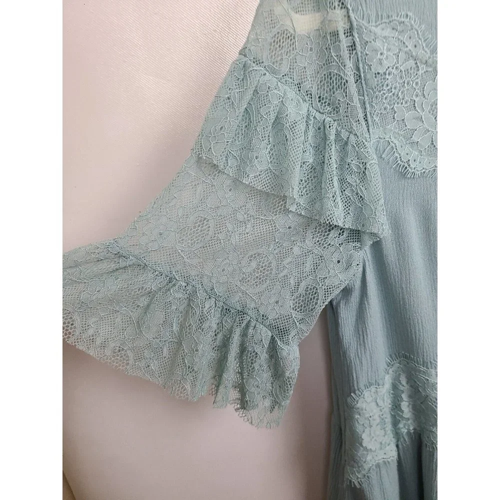 Umgee Mint Green Lace Ruffle Short Sleeve Mini BOHO Dress Size Small - Picture 4 of 9
